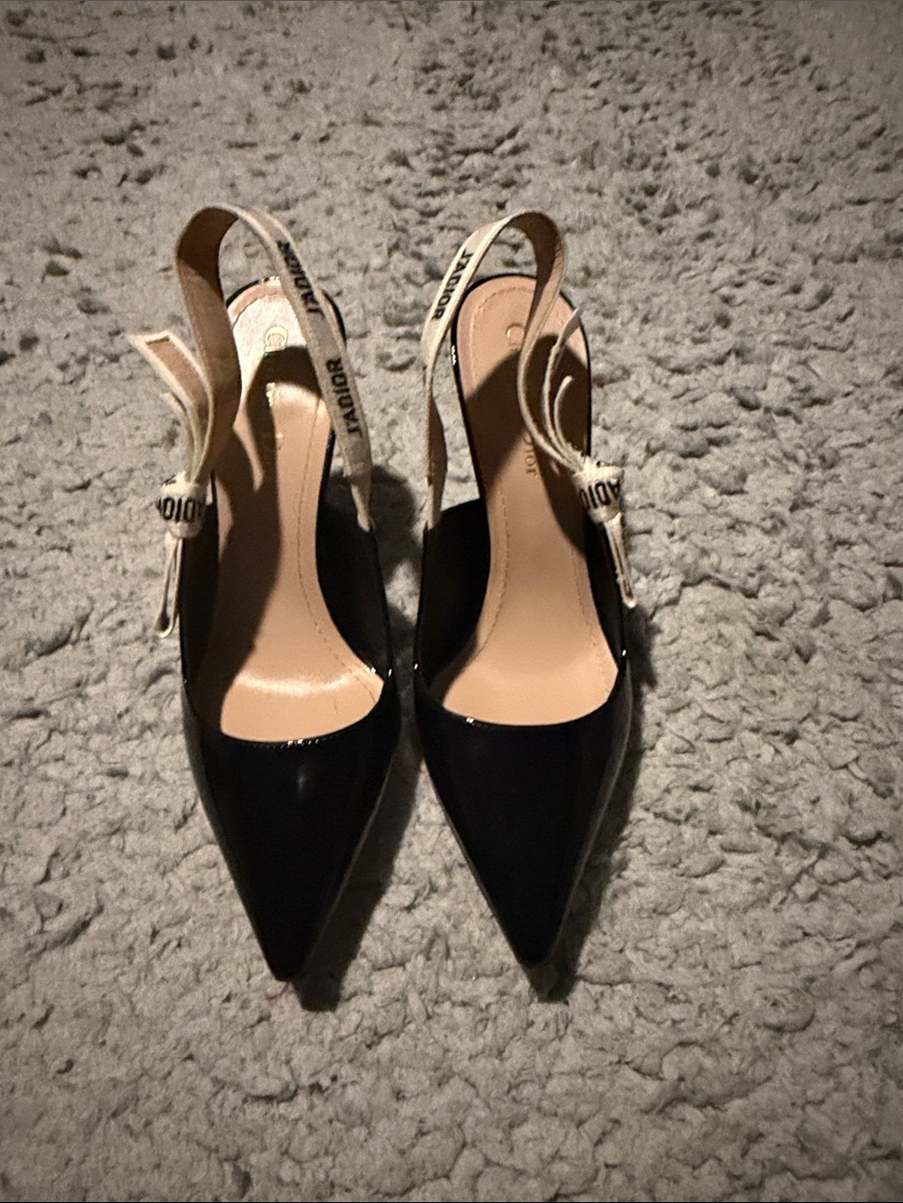 Dior Black Patent Pointed Slingback Heels with Branded Cream Straps